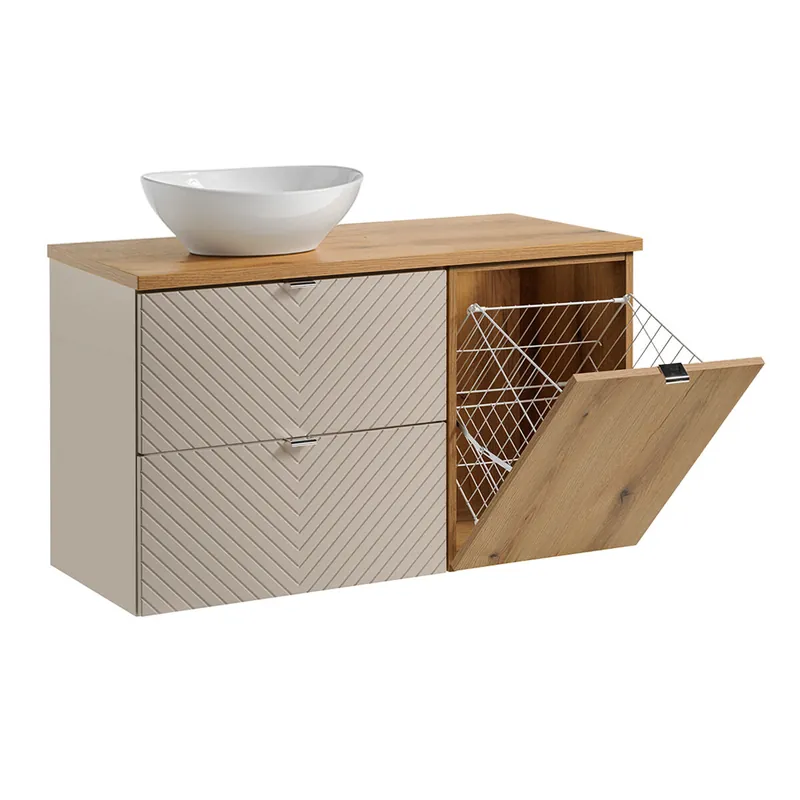 Mueble lavabo individual 100cm cesto de ropa Manoa Cachemira y madera - Baño
