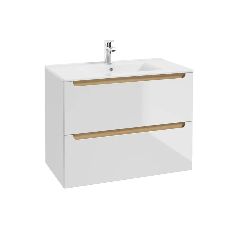 Mueble lavabo individual encastrado 80cm 2 cajones Livia Blanco y Madera - Baño