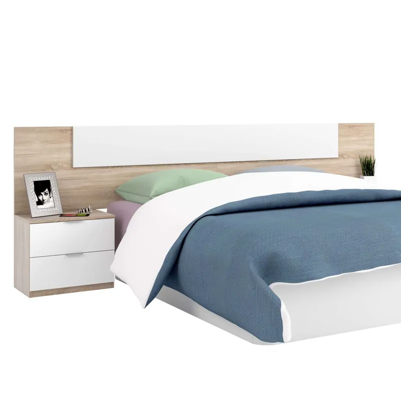Pack Dormitorio Completo Alaya Color Blanco Y Roble Para Camas 150 cm (cama+cabecero+2 Mesitas+armario+sinfonier) - Descanso