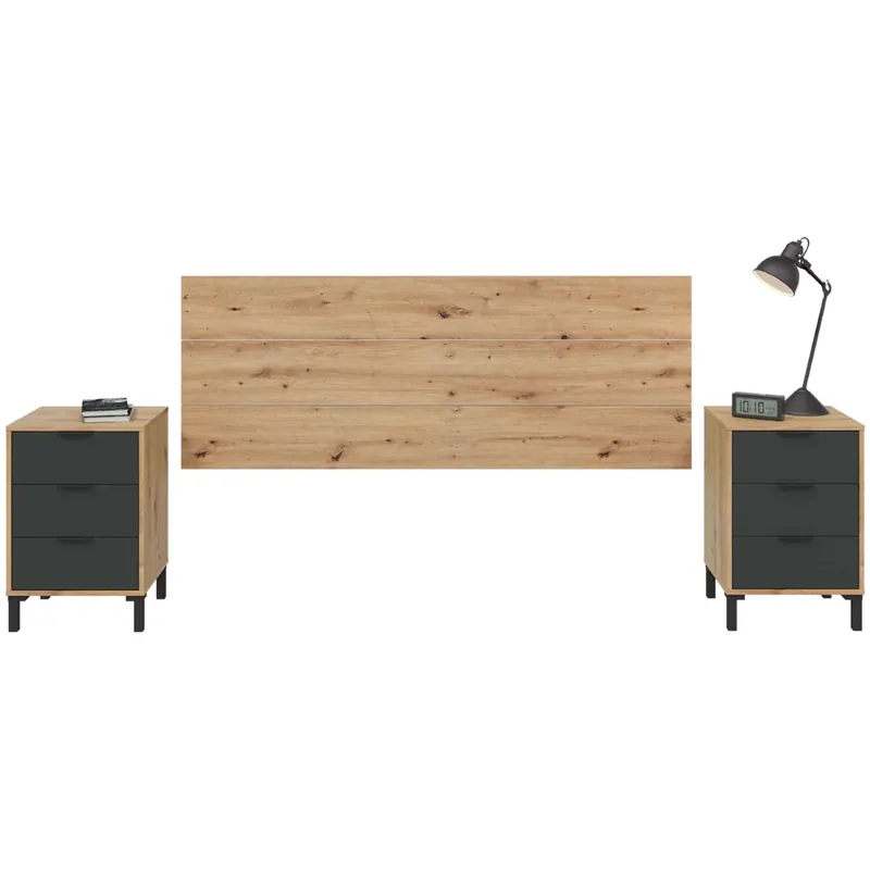 Pack dormitorio en color Roble Nodi y gris antracita 150 o 135 cm - Descanso