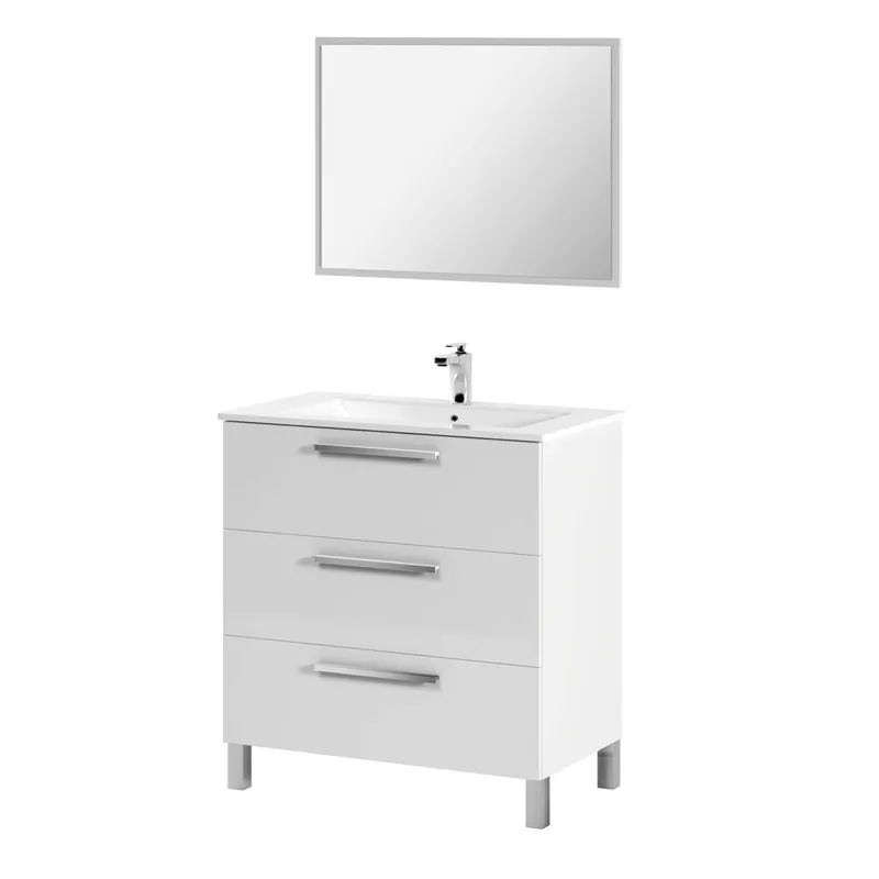 Pack de muebles de Baño en Blanco brillo (Mueble baño + espejo + lavabo cerámico + columna auxiliar)