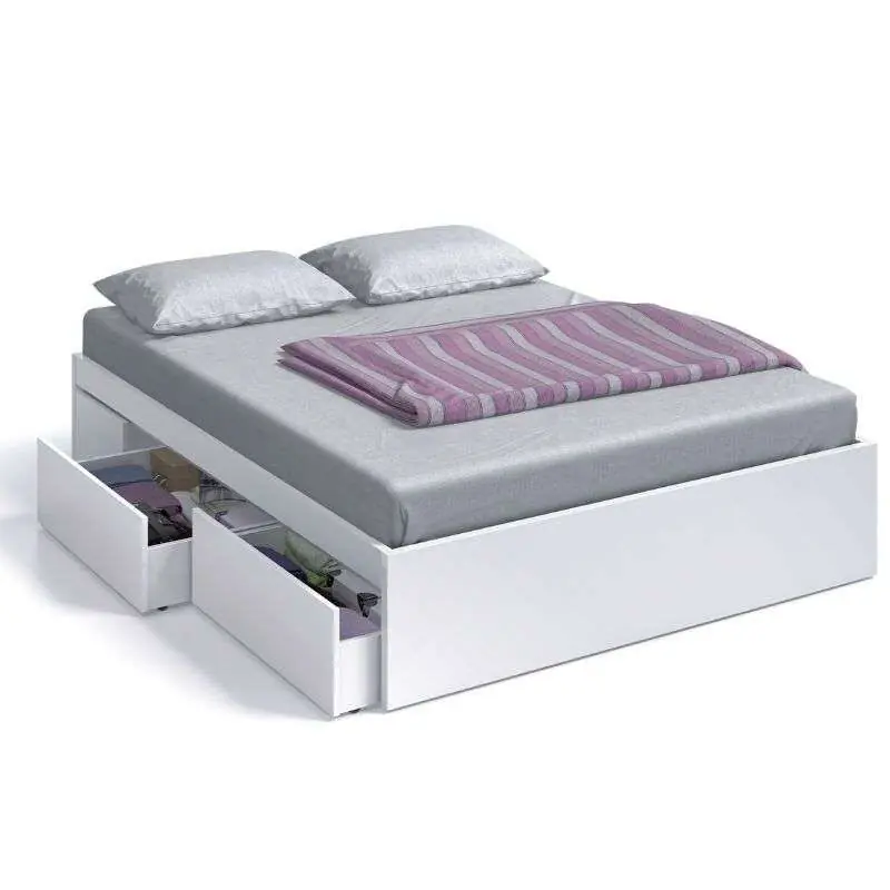 Pack de Muebles de Dormitorio Etnha Estilo Moderno en Blanco Artik y Natur con Cabecero, 2 Mesitas de Noche, Cama con Cajones y Cómoda - Descanso
