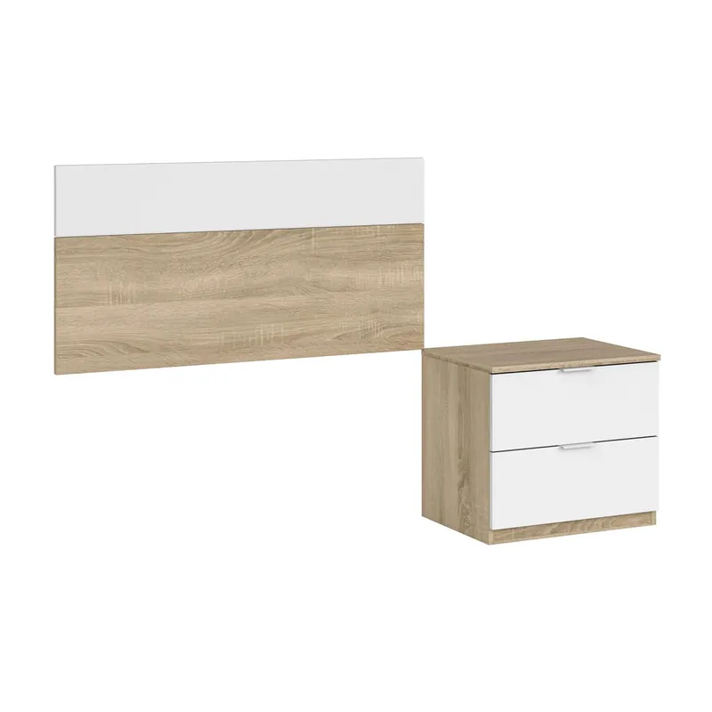 Pack Muebles Dormitorio Juveniles Color Blanco Artik y Roble Canadian (cabezal+mesita, mesa+estantería y armario) - Descanso