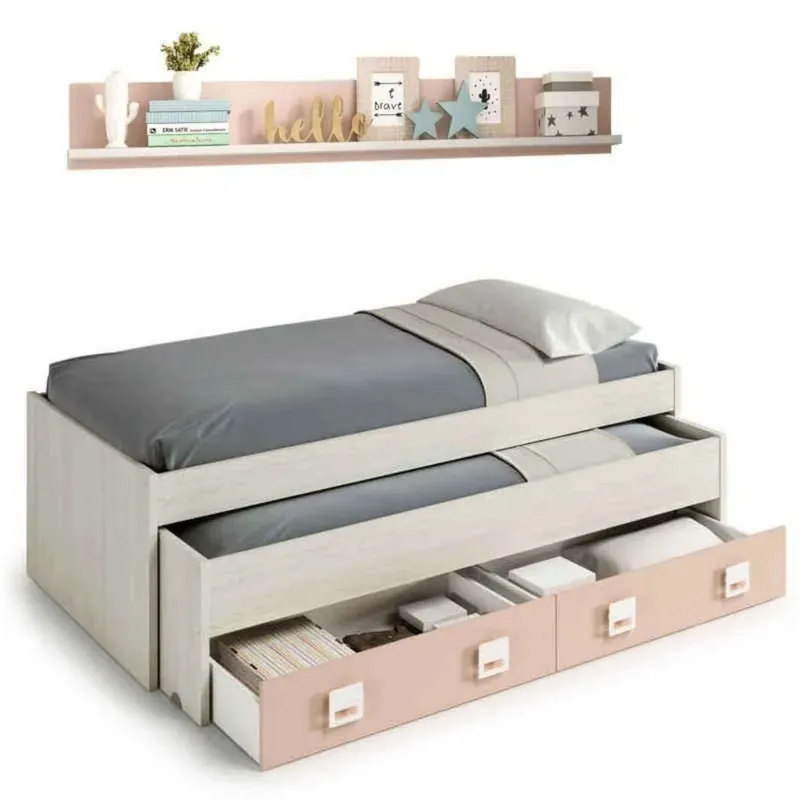 Pack Habitación Juvenil Completa con Cama con Somieres (90×190/90×180) + Armario + Escritorio + Estantería, Color Rosa, Blanco y Gris - Descanso