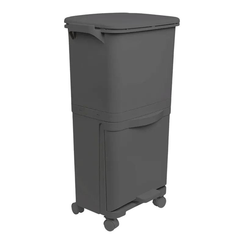 Papelera de reciclaje de clasificación selectiva con pedal, rudas y asa de doble compartimentos Color Negro antracita de 38L (24L + 14L) - Baño