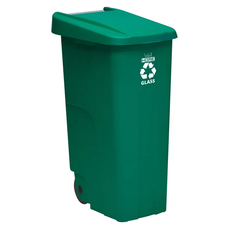 Contenedor - cubo de basura Wellhome Reciclo 110L, color verde cerrado con tapa, ideal para reciclaje de VIDRIO, con ruedas