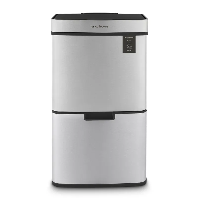 Papelera Reciclaje 3 Compartimentos 64L Les Collectors N°1010 | Acero Inoxidable | Cierre Automático Silencioso | Cubeta Orgánicos 4L | Plateado - Baño