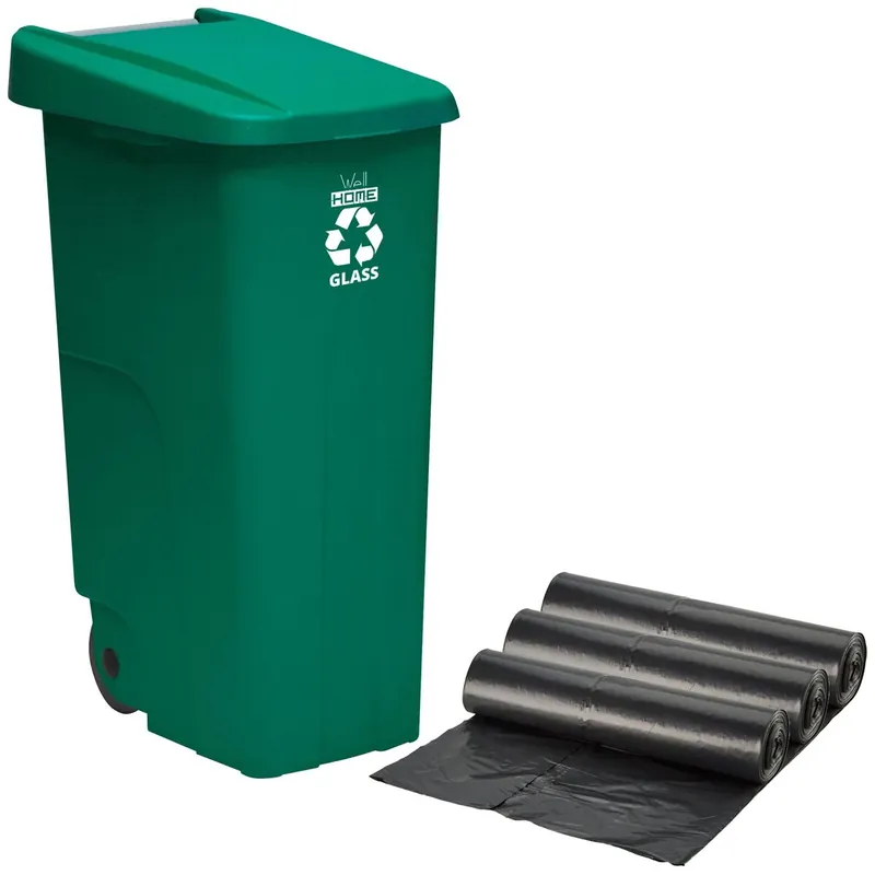 Contenedor Wellhome Reciclo 110 litros, cerrado con tapa, ideal para reciclaje de vidrio, con ruedas + 3X Bolsas de basura de 10 unidades - Baño