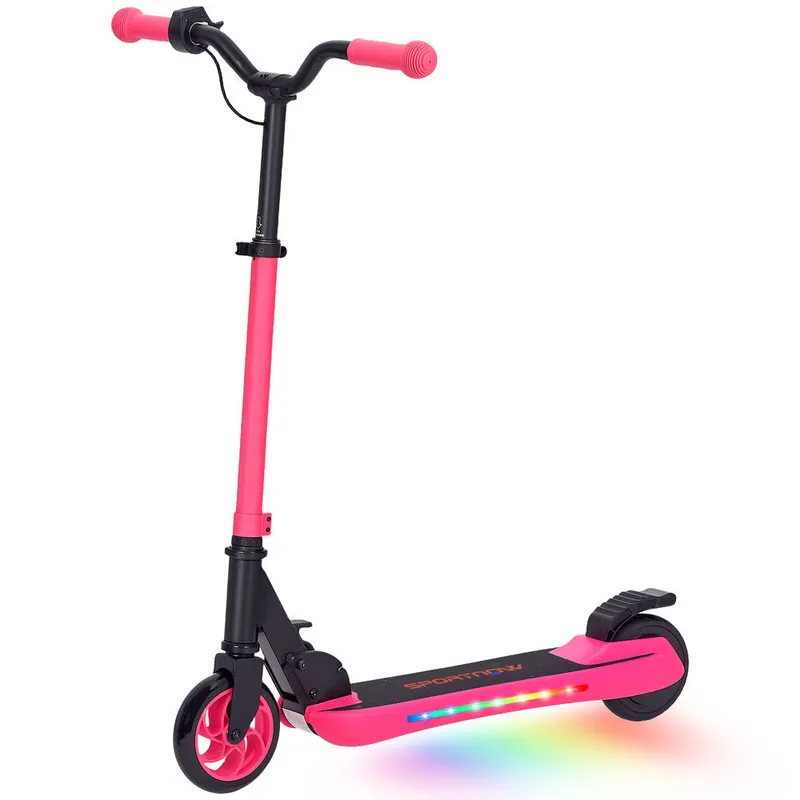 SPORTNOW Patinete Eléctrico Plegable MAX 10 KM/H Patín Eléctrico de +6 Años Motor 120 W Autonomía 6 KM Ruedas de 5" - 5,5" Freno Posterior Altura Ajustable Luces LED y Marco de Aluminio Rosa