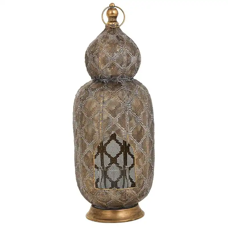 Portavelas de metal en tono marrón, con dimensiones de 21.5x21.5x55h cm - Decoración