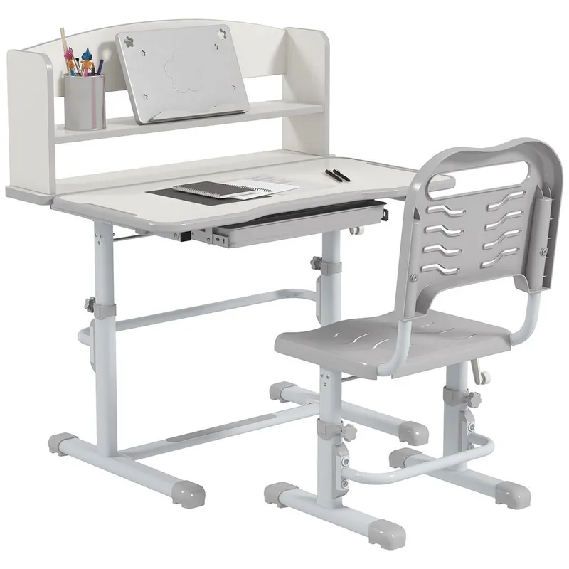 ZONEKIZ Juego de Escritorio y Silla para Niños de 6-12 Años Pupitre Infantil Altura Ajustable con 1 Cajón 1 Estante para Libros y Ángulo de Mesa Ajustable 80x54,5x82-104 cm Gris y Blanco