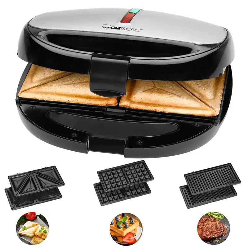 Clatronic ST 3670 Sandwichera 3 en 1, Gofrera, Panini Grill-Plancha, Bandejas Intercambiables, Antiadherente, 800, Negro/Plata