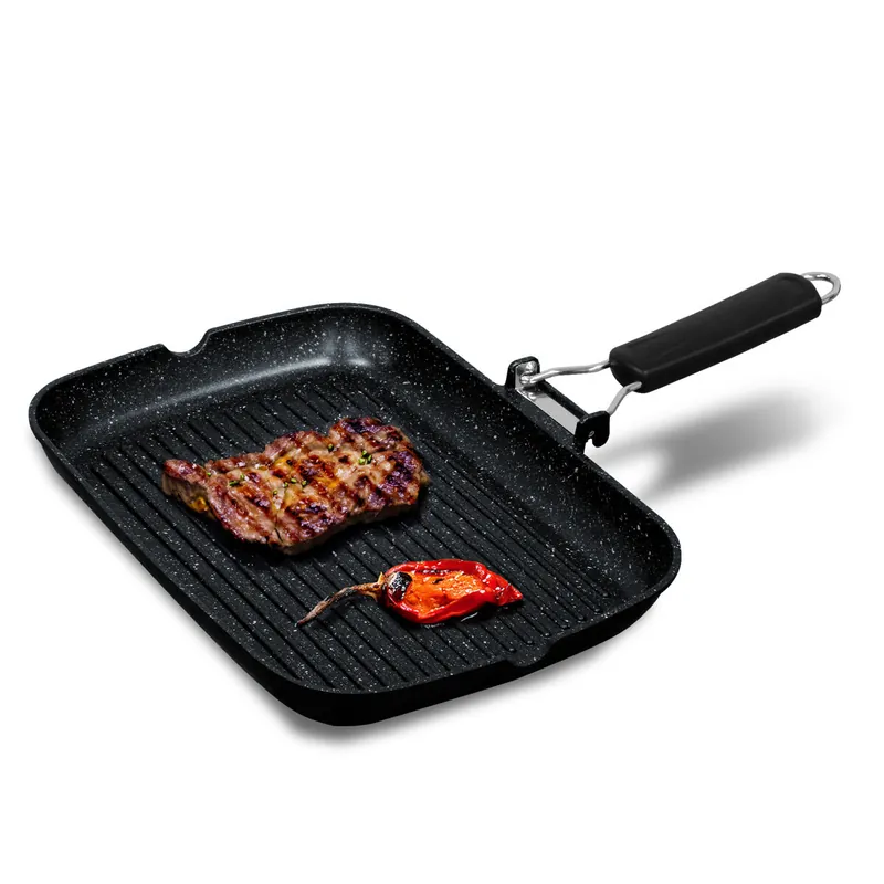Briebe GP1160 Grill Asador, Inducción, Antiadherente Titanio 34x24cm Aluminio Fundido sin PFOA Mango Plegable, , Negro - Electrodomésticos