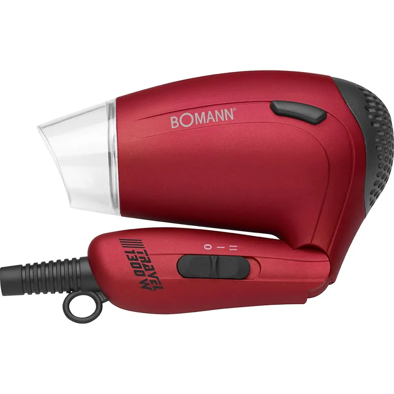 Bomann HTD 8005 CB Secador de Pelo Viaje, Plegable, 2 Niveles Temperatura / Velocidad, Bolsa Transporte, Difusor, 1300, Rojo - Electrodomésticos