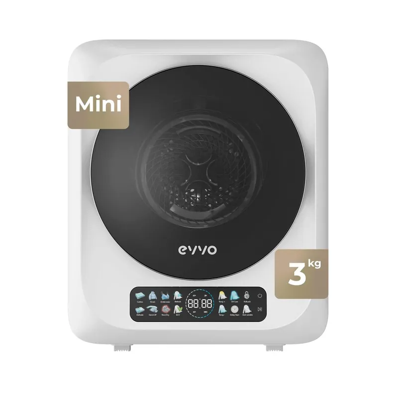 EVVO Secadora Mini S4 – Secadora de Ropa Portátil 3 Kg, Diseño Mini Compacto, Panel Táctil, Higiene UV, Función Antiarrugas, Mini Secadora Ideal para Espacios Reducidos - Electrodomésticos