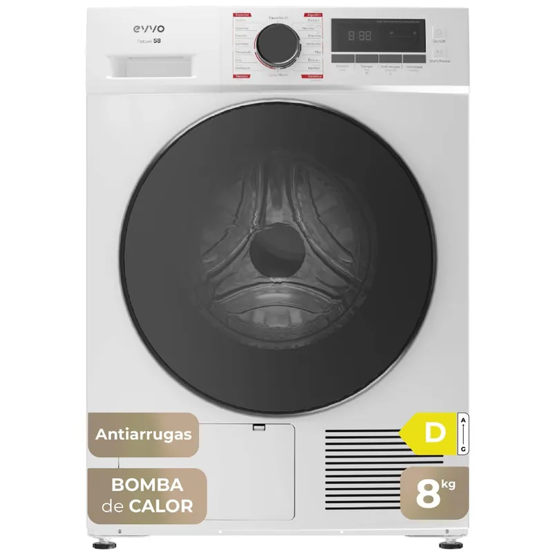 EVVO Secadora 8 kg bomba de calor S8, Clase energética D, Airfresh, Sensor de humedad, Antiarrugas, Inicio diferido, blanco - Electrodomésticos