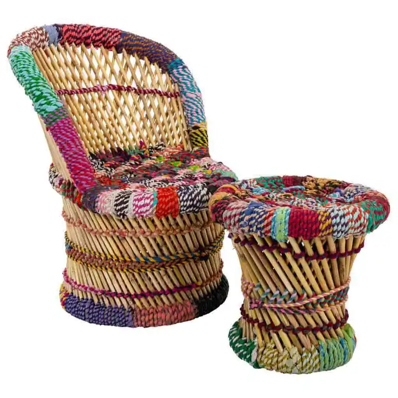 Set 2 sillón y taburete de bambú y cuerda de colores - Bebé
