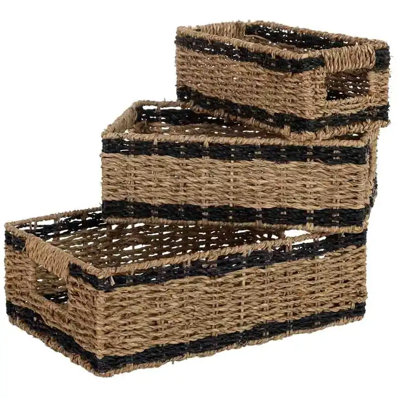Set 3 cestas de junco marrones 32x22xh11,28x17xh10,23x12xh9 - Decoración