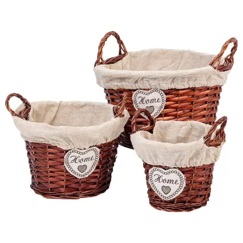 Set 3 cestos de mimbre forrados marrones - Decoración