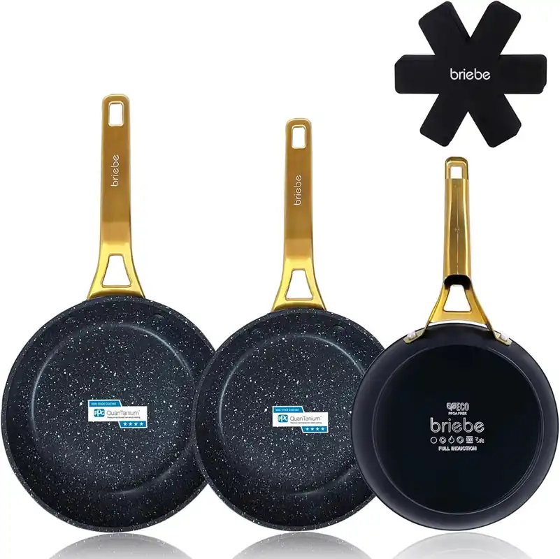 Briebe Gold Titanium Set 3 Sartenes Antiadherentes Inducción Titanio 18-20-24cm, Aluminio Forjado Antiadherente, , Negro