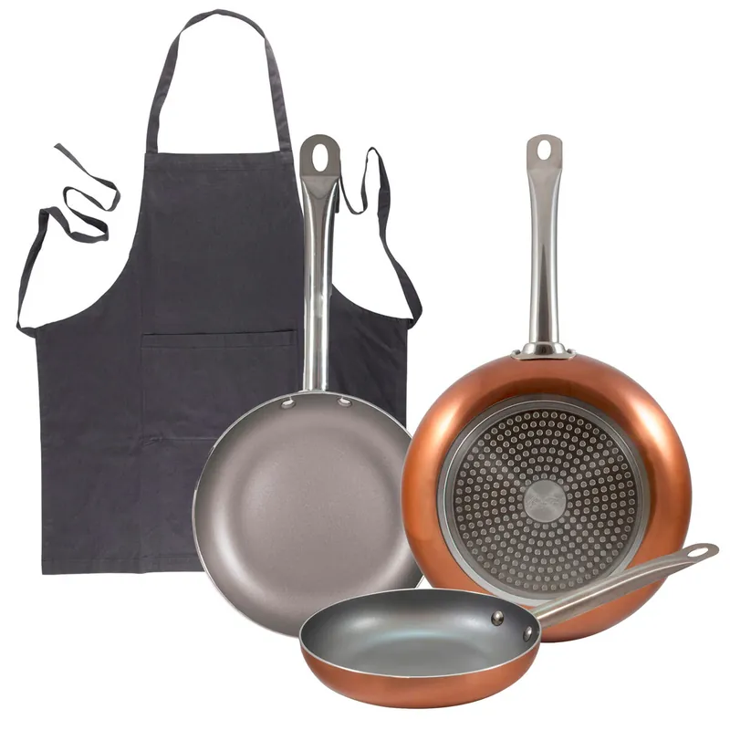 Set 3 sartenes San Ignacio (18,22,26cm) aluminio prensado, aptas para inducción+Delantal de Cocina Gris oscuro 100% Algodón 75x80cm