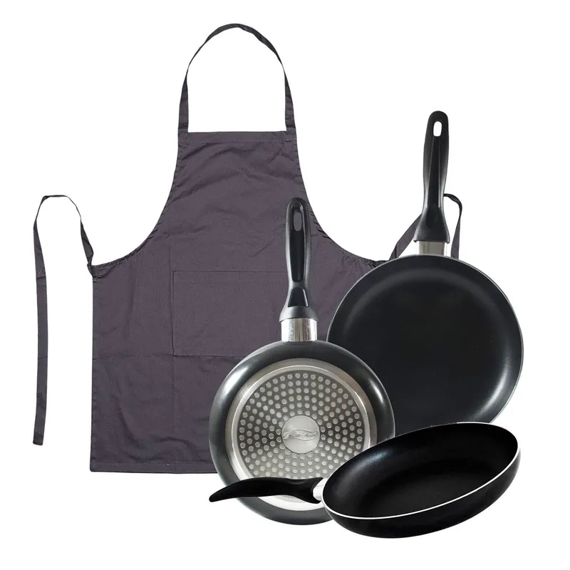 Set 3 sartenes San Ignacio(16,20,24cm) aluminio prensado, apto para inducción+Delantal de Cocina Gris oscuro 100% Algodón 75x80cm