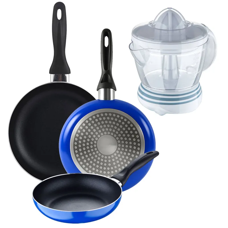 Set 3 sartenes San Ignacio (16+20+24cm) aluminio prensado ind azul+Exprimidor de 40W de Potencia - Capacidad de 1.2 Litros