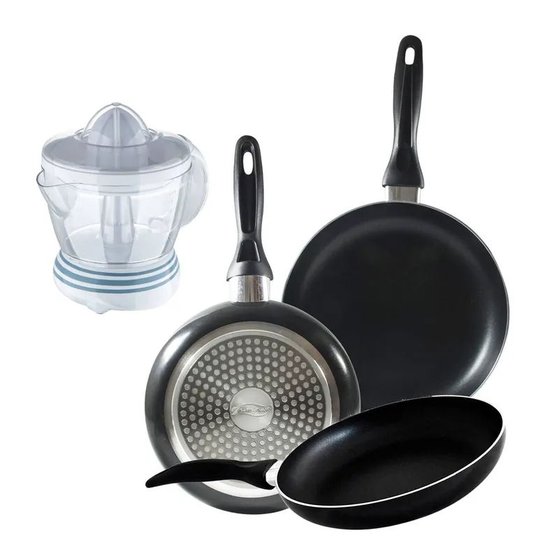 Set 3 sartenes San Ignacio(16,20,24cm) aluminio prensado, apto para inducción+Exprimidor de 40W de Potencia - Capacidad de 1.2 Litros