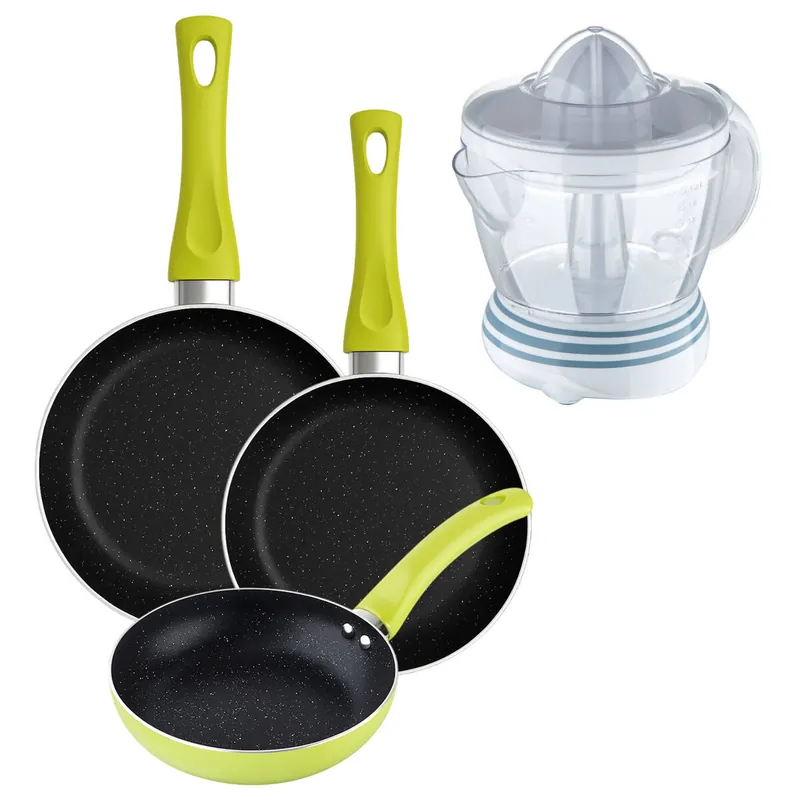 Set 3 sartenes San Ignacio (20+24+28cm) aluminio prensado verde+Exprimidor de 40W de Potencia - Capacidad de 1.2 Litros