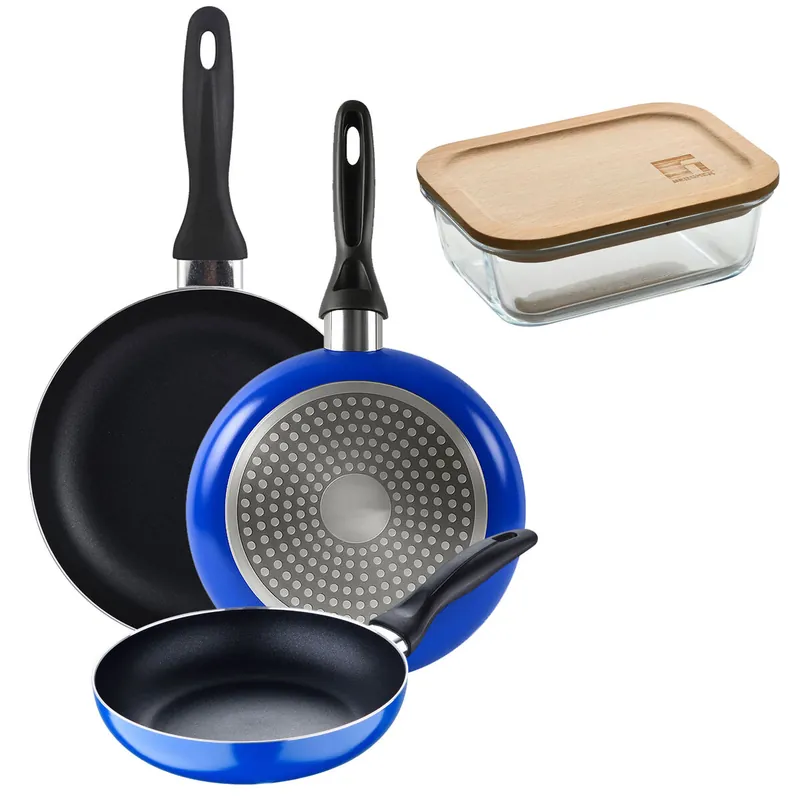Set 3 sartenes San Ignacio (16+20+24cm) aluminio prensado ind azul+Hermético de 650ml en vidrio de borosilicato - Cocina