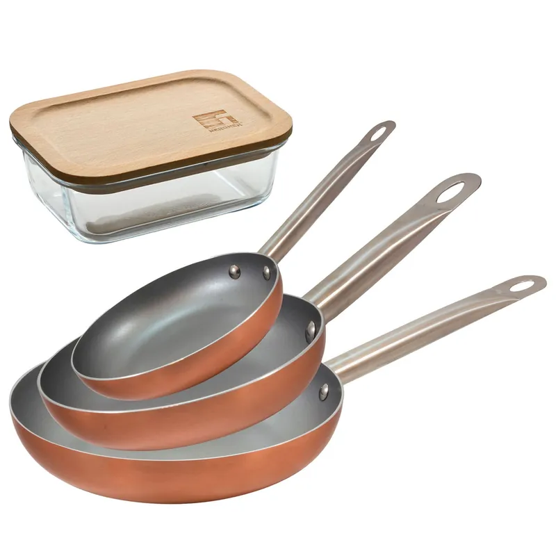 Set 3 sartenes San Ignacio (18,22,26cm) aluminio prensado, aptas para inducción+Hermético de 650ml en vidrio de borosilicato - Cocina