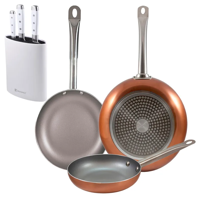 Set 3 sartenes San Ignacio (18,22,26cm) aluminio prensado, aptas para inducción+Juego de 3 Cuchillos de acero inoxidable + Tacoma en color Blanco - Cocina