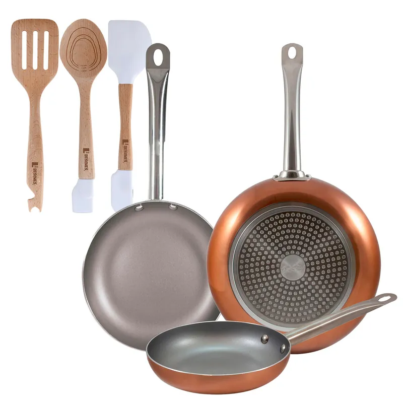 Set 3 sartenes San Ignacio (18,22,26cm) aluminio prensado, aptas para inducción+Juego de 3 Utensilios de cocina en silicona y madera