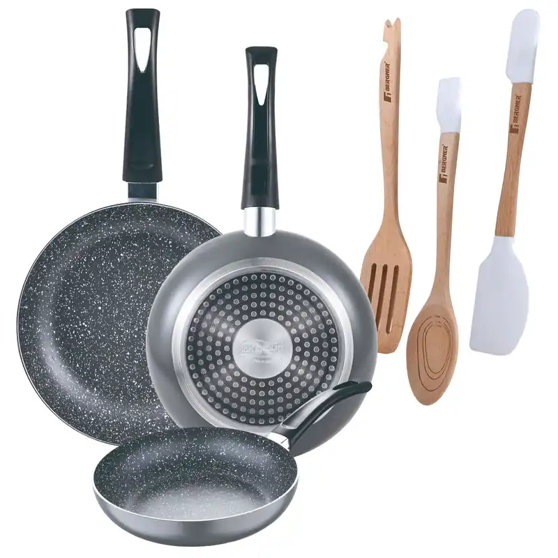 Set 3 sartenes San Ignacio (16+20+24cm) aluminio prensado ind negra+Juego de 3 Utensilios de cocina en silicona y madera
