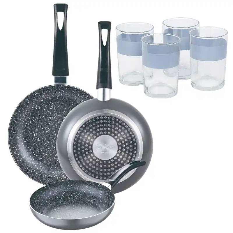 Set 3 sartenes San Ignacio (16+20+24cm) aluminio prensado ind negra+Juego de 4 Vasos de 0,5L - Cocina