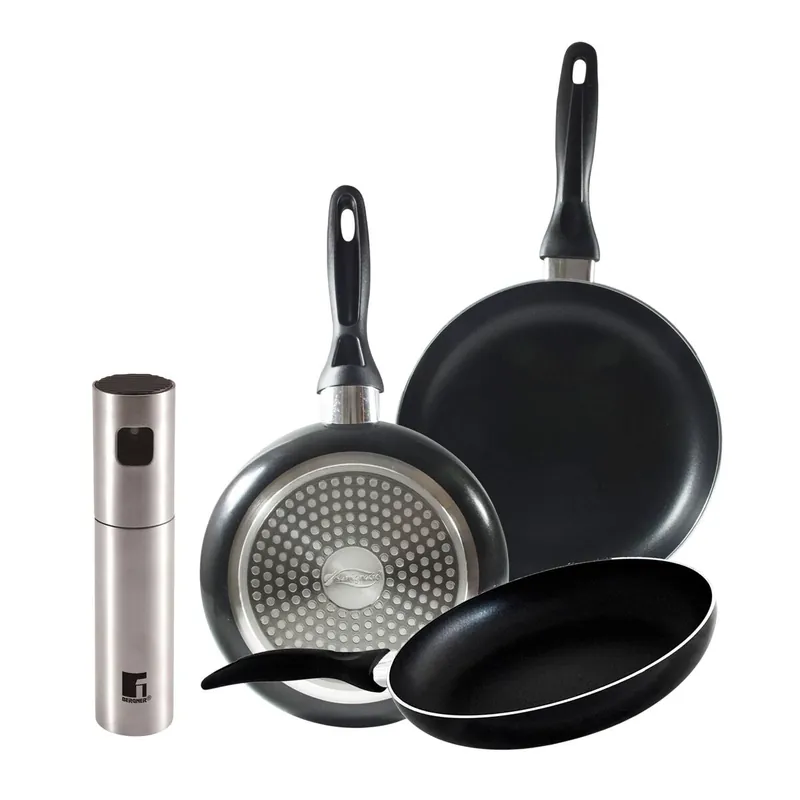 Set 3 sartenes San Ignacio(16,20,24cm) aluminio prensado, apto para inducción+Pulverizador de Aceite y vinagre Ø4x17,5cm en acero inoxidable - Cocina