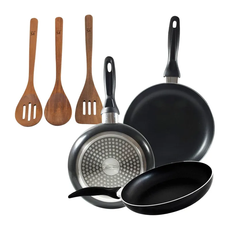 Set 3 sartenes San Ignacio(16,20,24cm) aluminio prensado, apto para inducción+Set 3pc utensilios cocina madera acacia