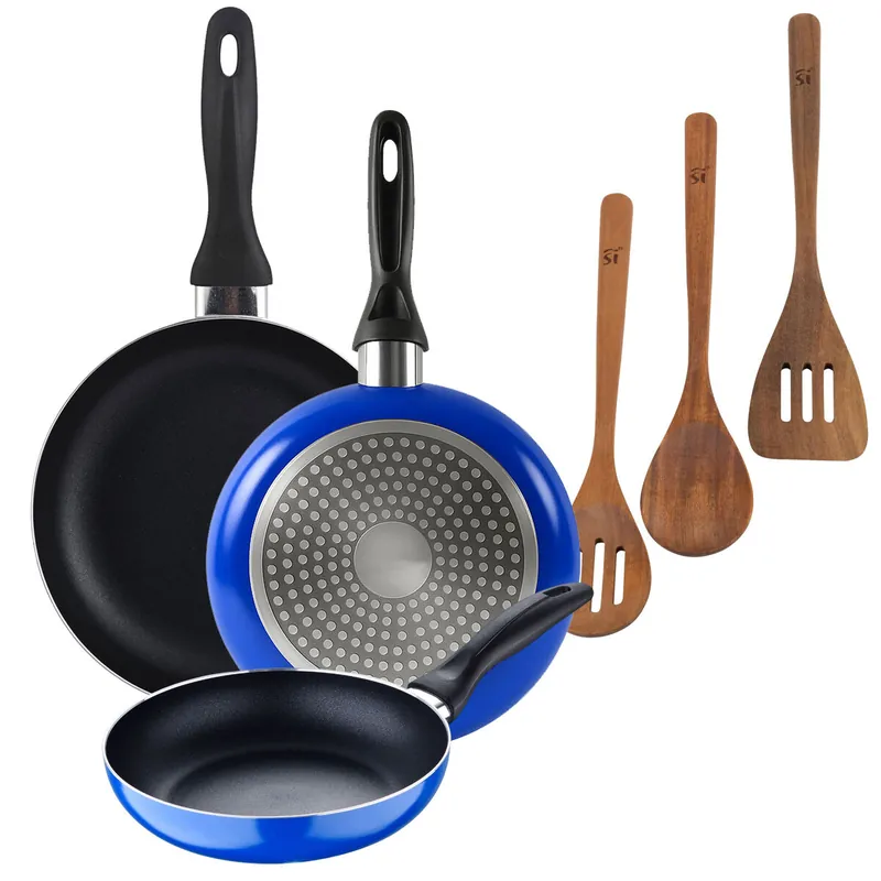 Set 3 sartenes San Ignacio (16+20+24cm) aluminio prensado ind azul+Set 3pc utensilios cocina madera acacia
