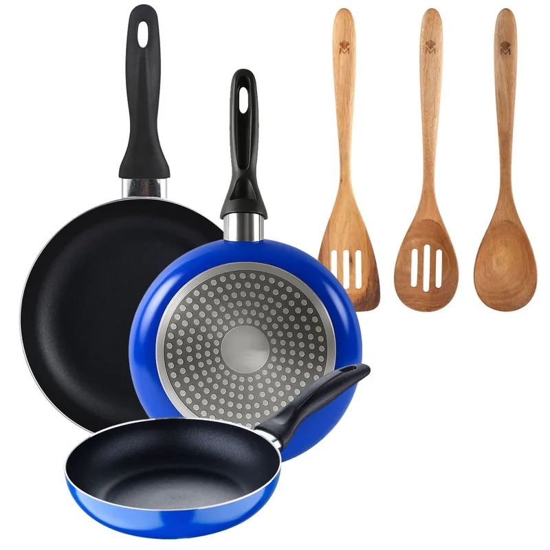 Set 3 sartenes San Ignacio (16+20+24cm) aluminio prensado ind azul+Set 3pcs utensilios de cocina acacia