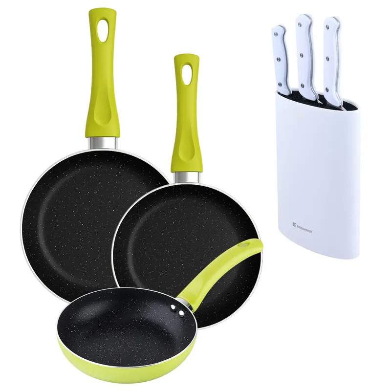 Set 3 sartenes San Ignacio (20+24+28cm) aluminio prensado verde+Set de 3 Cuchillos con Tacoma en Acero inoxidable - Cocina