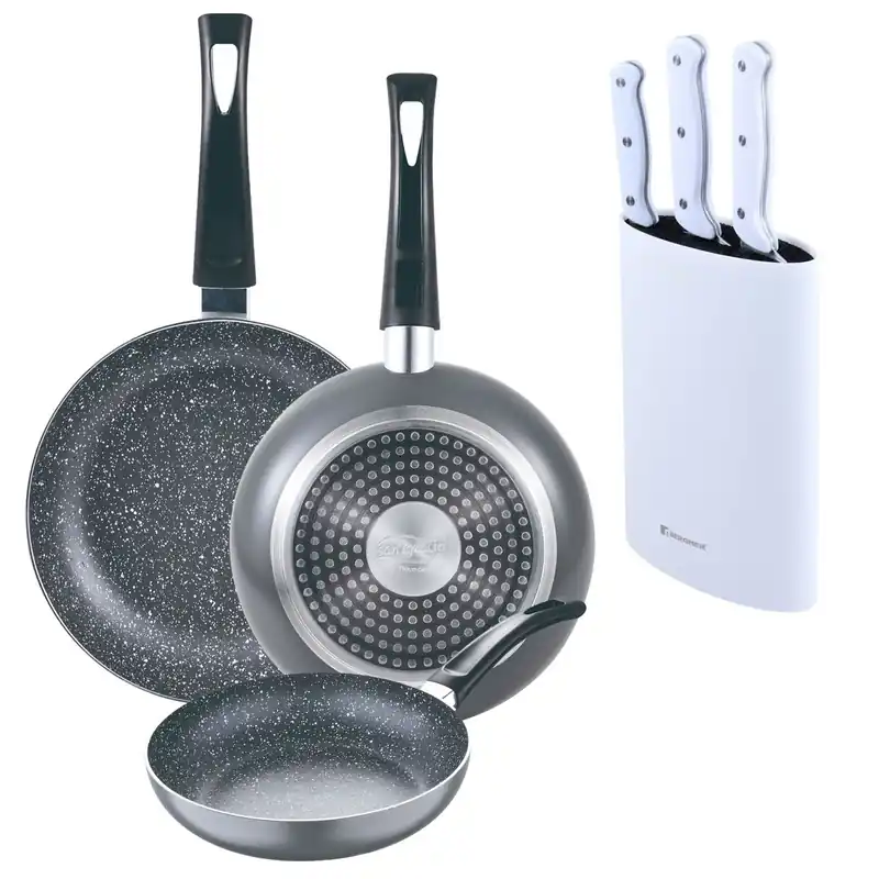 Set 3 sartenes San Ignacio (16+20+24cm) aluminio prensado ind negra+Set de 3 Cuchillos con Tacoma en Acero inoxidable - Cocina
