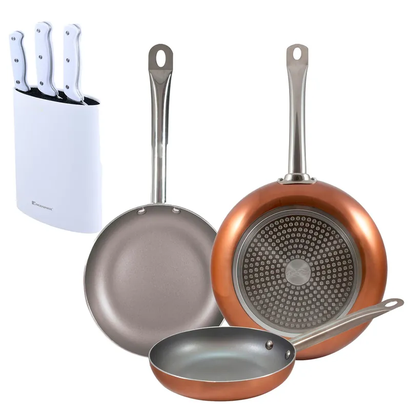 Set 3 sartenes San Ignacio (18,22,26cm) aluminio prensado, aptas para inducción+Set de 3 Cuchillos con Tacoma en Acero inoxidable - Cocina
