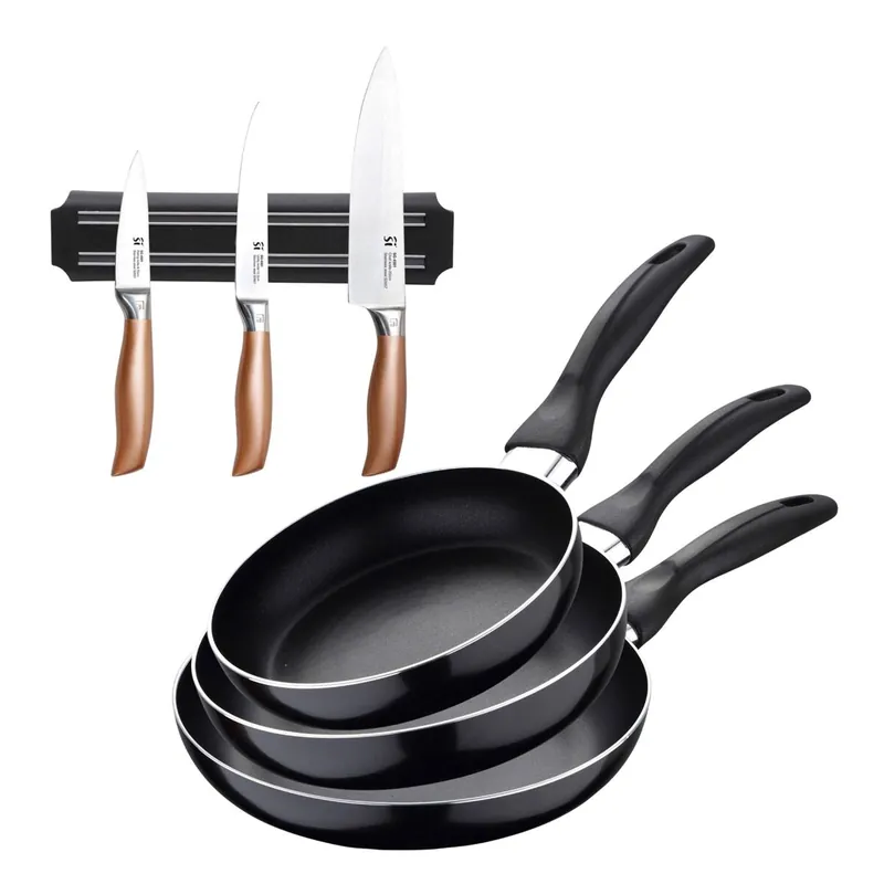 Set 3 sartenes San Ignacio(16,20,24cm) aluminio prensado, apto para inducción+Set de 3 Cuchillos en acero inoxidable con Soporte magnético de pared - Cocina