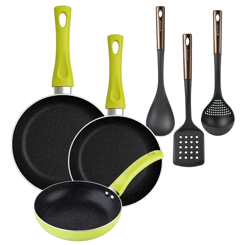 Set 3 sartenes San Ignacio (20+24+28cm) aluminio prensado verde+ Set de 3 Utensilios de cocina de PBT negro y cobre