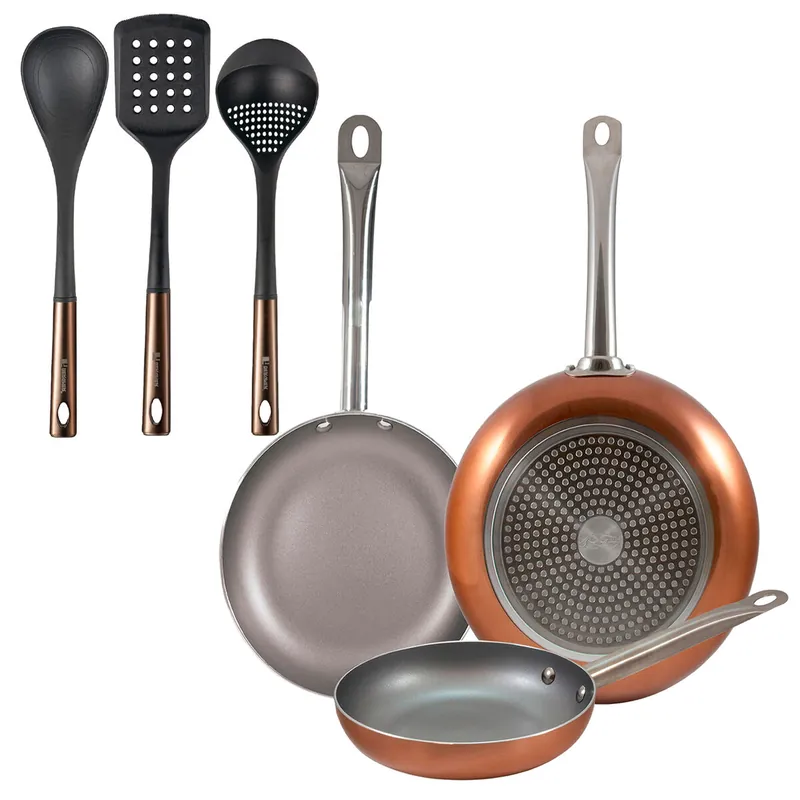 Set 3 sartenes San Ignacio (18,22,26cm) aluminio prensado, aptas para inducción+ Set de 3 Utensilios de cocina de PBT negro y cobre
