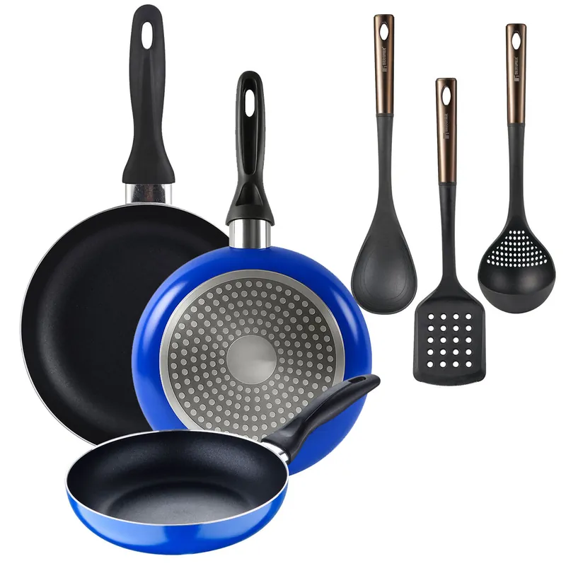 Set 3 sartenes San Ignacio (16+20+24cm) aluminio prensado ind azul+ Set de 3 Utensilios de cocina de PBT negro y cobre
