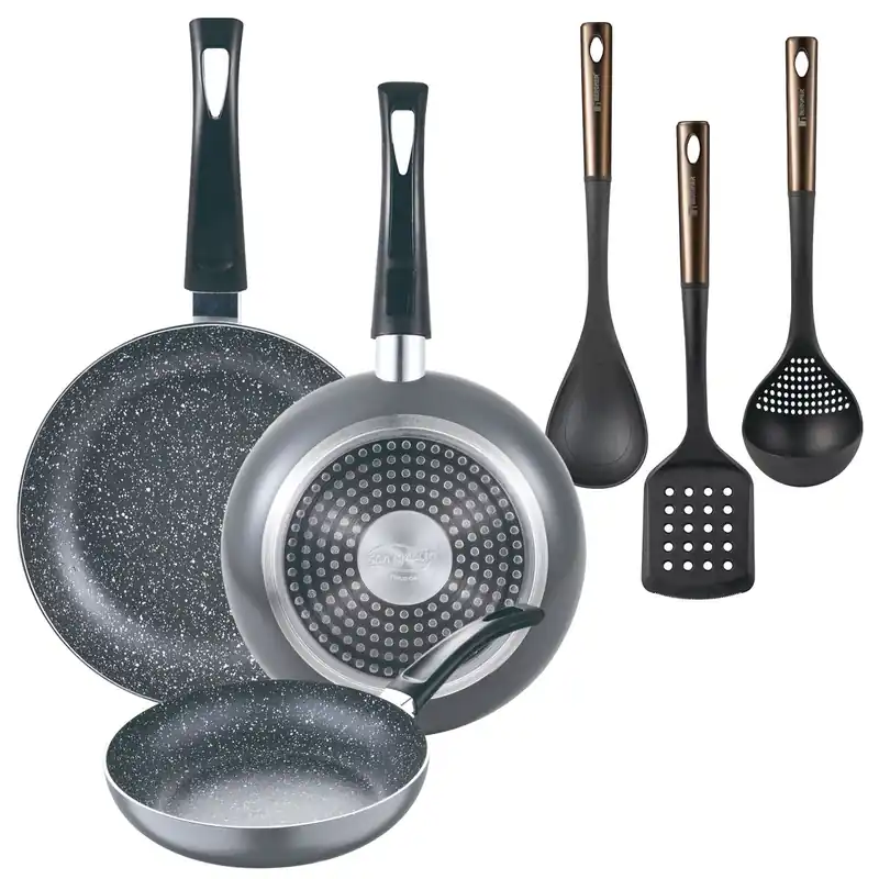 Set 3 sartenes San Ignacio (16+20+24cm) aluminio prensado ind negra+ Set de 3 Utensilios de cocina de PBT negro y cobre