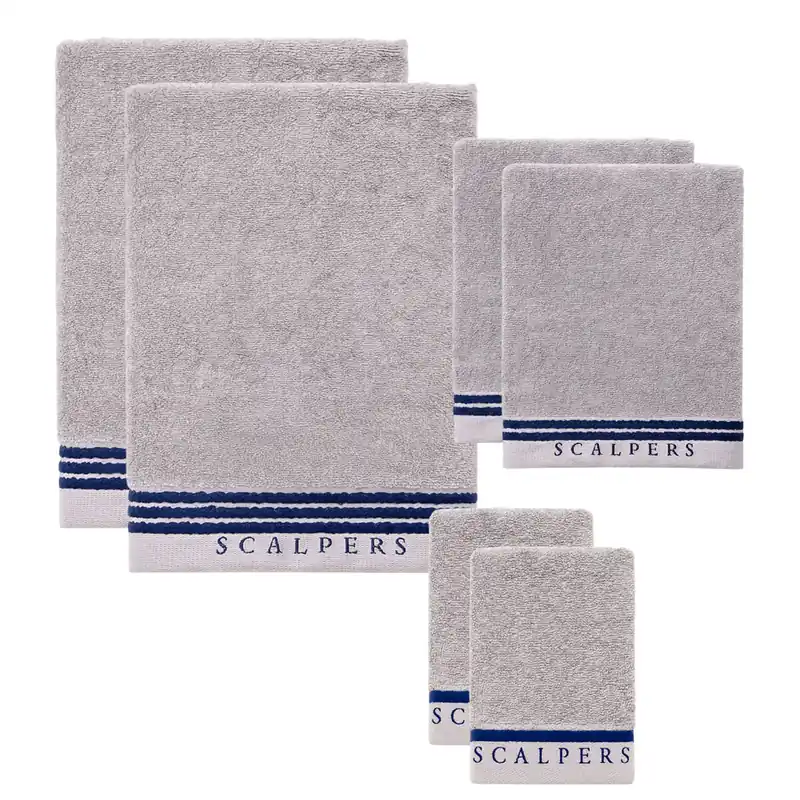 Set 6 toallas baño (2x tocador 30x50cm + 2x manos 50x90cm + 2x baño 70x140cm) 450GSM en algodón Gris con azul Scalpers Home - Textil