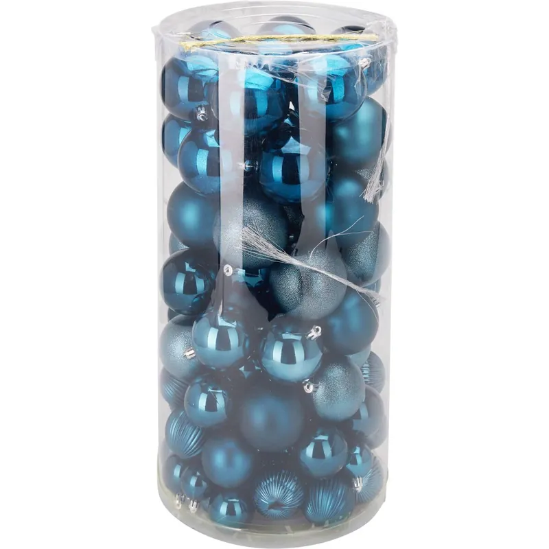 Well Home Set de 100 Bolas de Navidad color Azul en tubo PET con diferentes diseños y acabados - Decoración