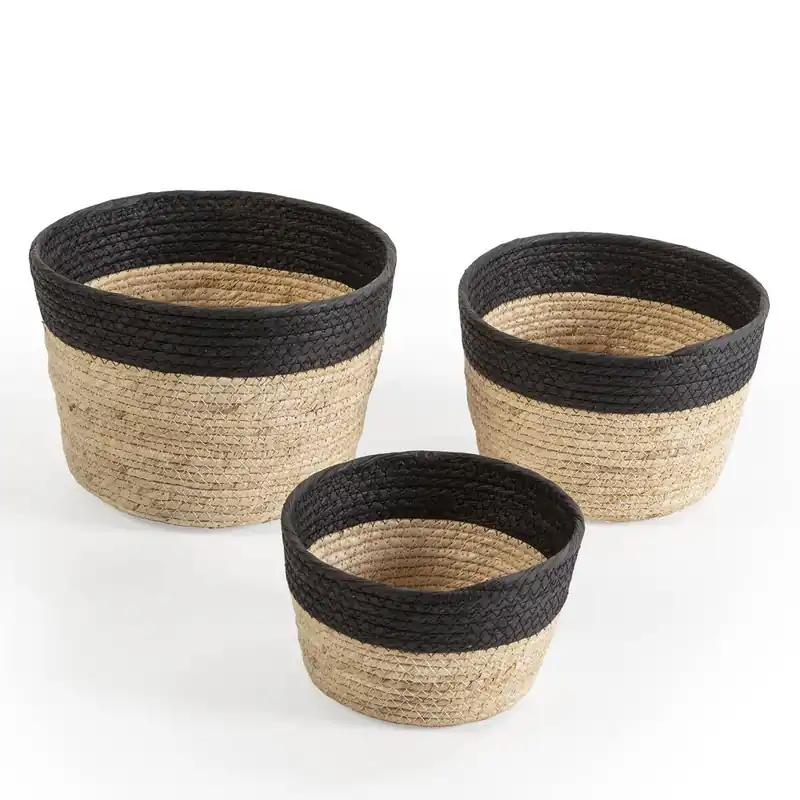 Set de 3 cestas Nati de fibra natural y papel, negro/beige - Decoración